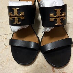 Tory Burch Black Everly 65mm Wedge Sandals, Gold Rolled Brass Signature Logo 8.5